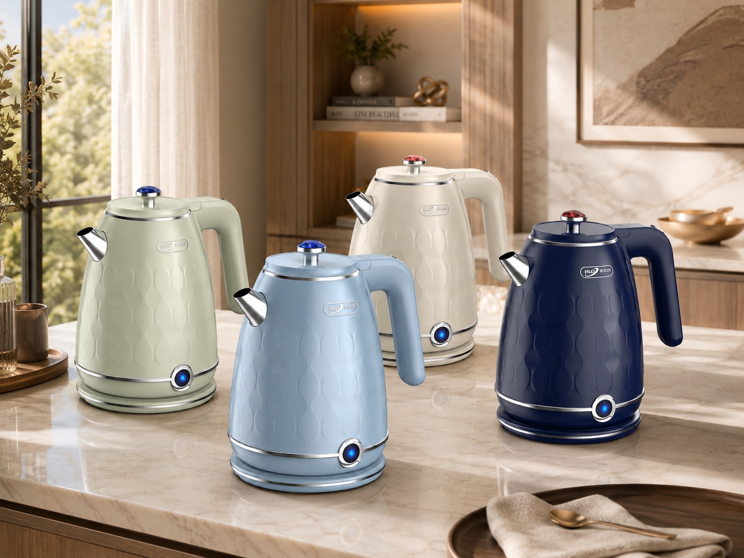 AZ-906 electric kettle in cream color sitting on a sunlit marble kitchen countertop