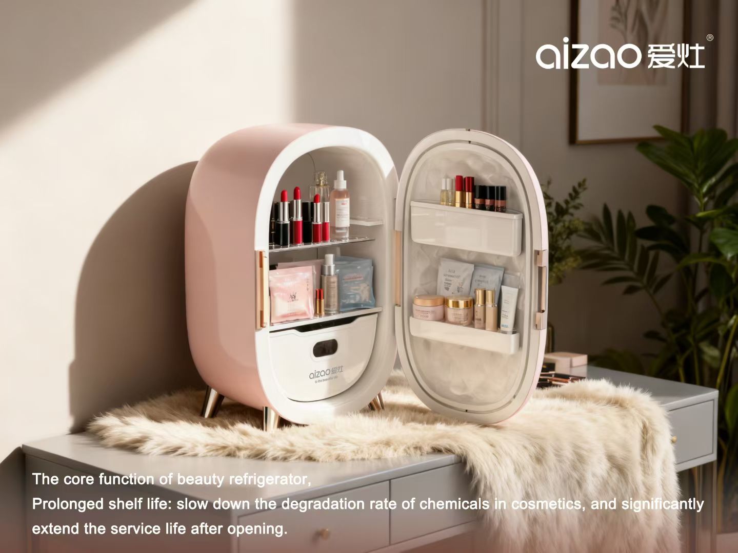 Pink 12L electronic beauty fridge with skincare products on vanity
