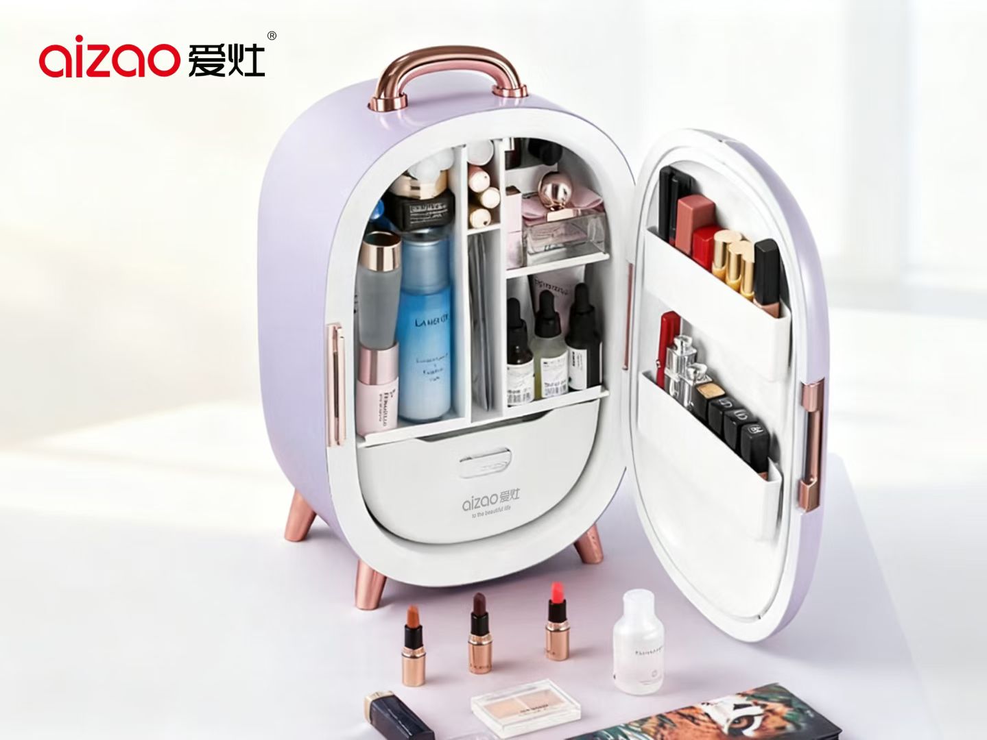Portable beauty fridge 101 with organized cosmetic containers