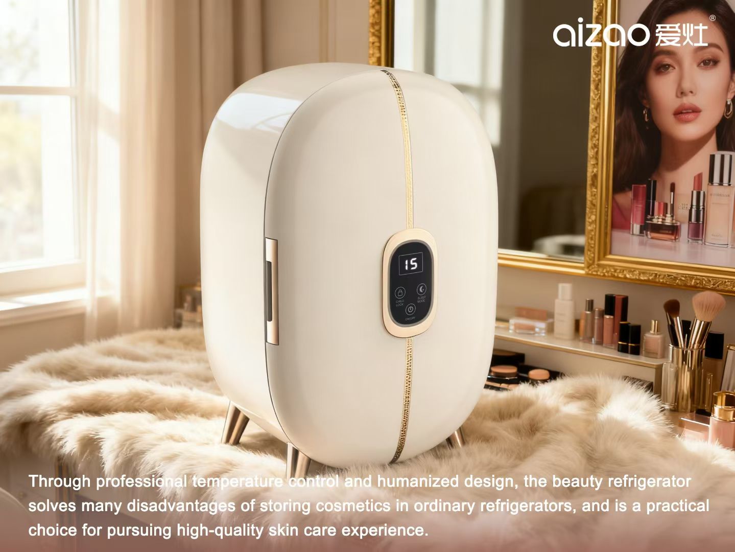 Portable cosmetic refrigerator with touch display and gold accents