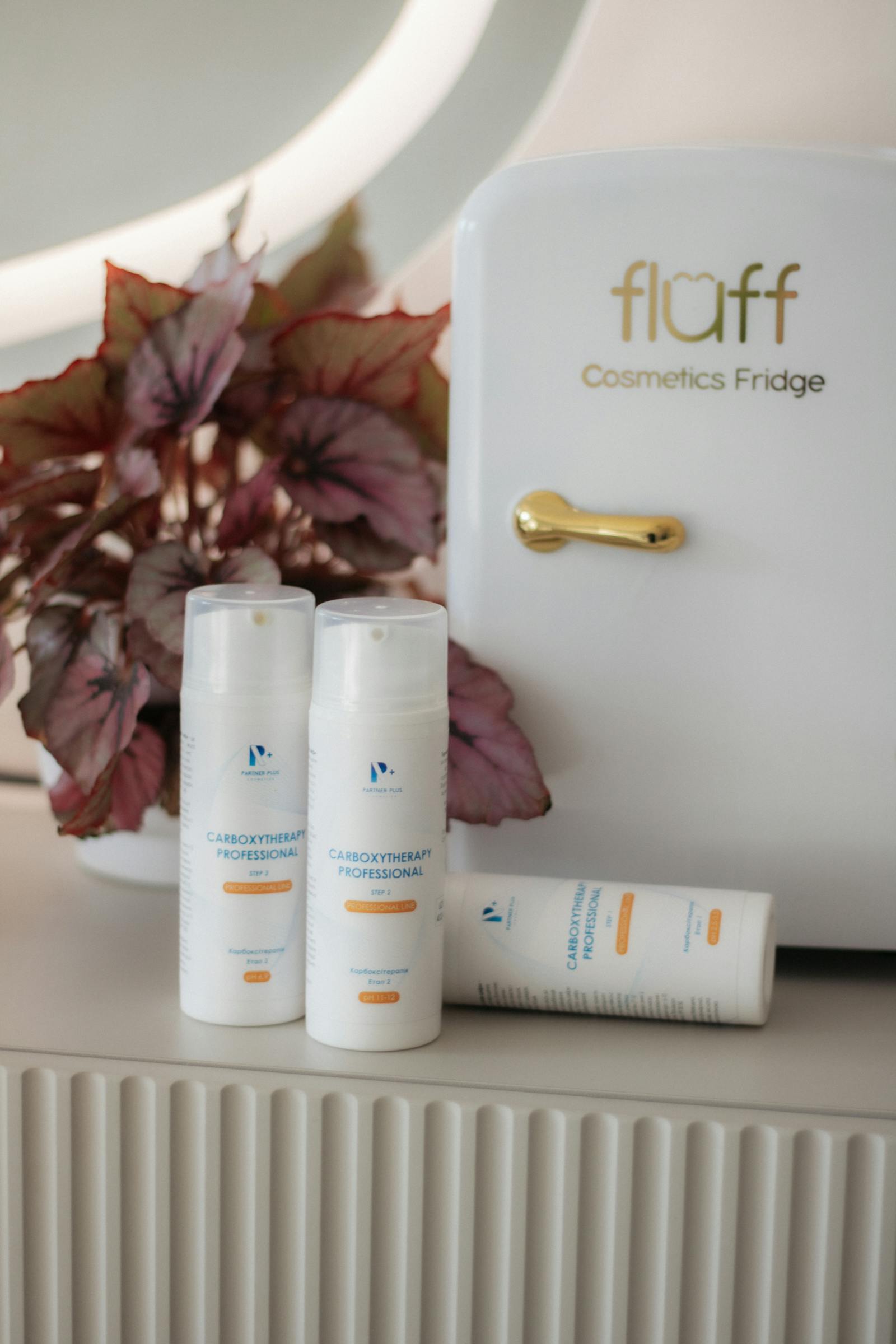 Mini skincare fridge with beauty products for home skincare storage